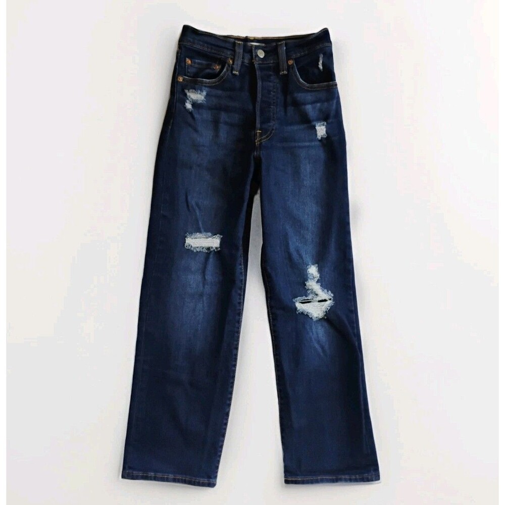 Levi’s Ribcage Straight Ankle Jeans Womens Sz 24 Dark Wash Distressed Button Fly
